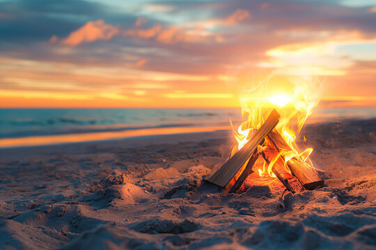 bonfire on the sandy beach during sunset. camping outdoors lifestyle with beautiful scenery landscape