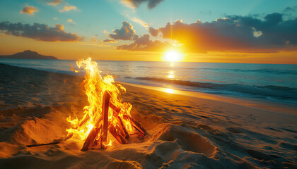 bonfire on the sandy beach during sunset. camping outdoors lifestyle with beautiful scenery landscape - obrazy, fototapety, plakaty
