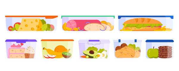 Fototapeta premium Plastic food containers set. Transparent rectangular boxes with lid, fresh and cooked leftovers after dinner, whole and cut fruits and vegetables for picnics, sandwiches cartoon vector illustration