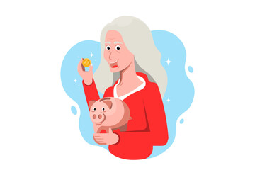 Cartoon elderly woman saving money to the future on isolated background, Vector illustration.
