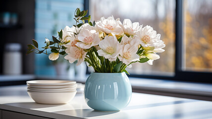 Bouquet of white spring flowers in a blue ceramic vase