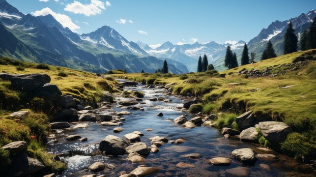 Mountain stream flowing through a rocky alpine landscape, wildflowers on the banks, snow-capped peaks in the background, capturing the pristine and tr