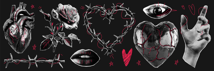 Trendy halftone collage.  Gothic dark elements with red doodles. Human heart, rose, barbed wire and other.