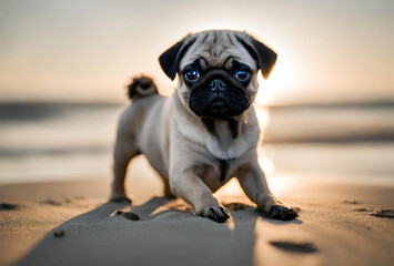 Cachorrinho da raça Pug brincando na praia. - obrazy, fototapety, plakaty