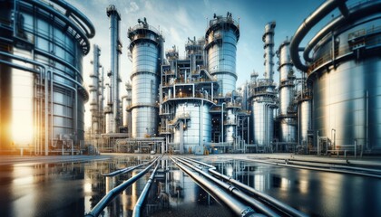 Obraz premium an industrial landscape featuring large storage tanks and piping at a petrochemical plant