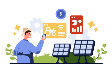 Automation of agriculture and future smart farm technology. Tiny man farmer holding phone with mobile app to control tractor, solar panels and agricultural equipment cartoon vector illustration