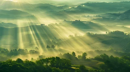 Zelfklevend Fotobehang Beautiful aerial View of hilly landscape in morning mist with sun rays, banner format  © Ziyan