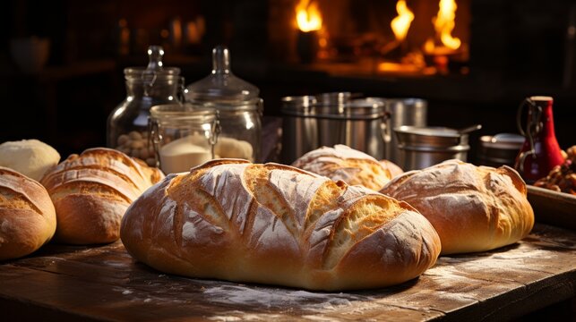 Array of freshly baked pastries and bread on a chef??Ts table, baking tools and oven in the background, emphasizing the joy of baking and pastry arts, Photoreal