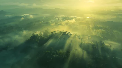 Fototapeten Beautiful aerial View of hilly landscape in morning mist with sun rays, banner format  © Ziyan