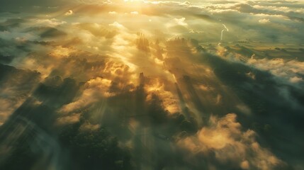 Beautiful aerial View of hilly landscape in morning mist with sun rays, banner format 