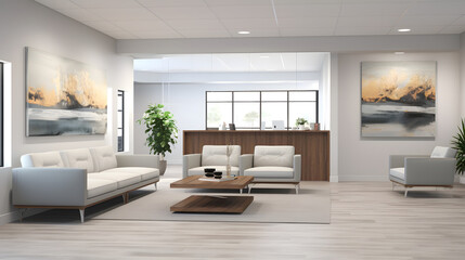 Stylish Office Reception with Artful Decor and Clean Design.