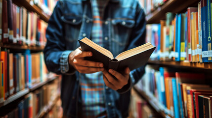 Person reading a book in a library aisle representing knowledge, education, literature, and study.