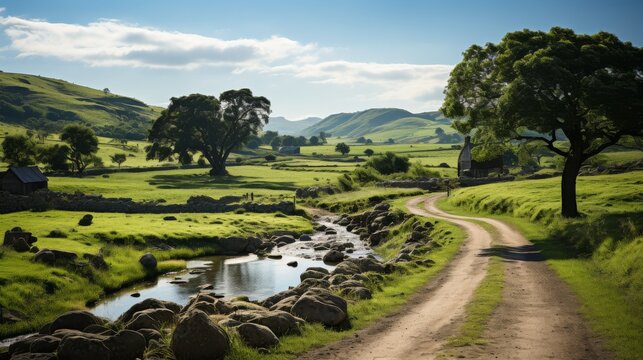 Country road winding through rolling hills and fields, no people, showcasing the peaceful and scenic rural landscapes, Photorealistic, country road photography,