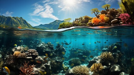 A vibrant coral reef teeming with colorful fish and marine life, the intricate ecosystem a burst of color and activity beneath the water's surface, Photography,