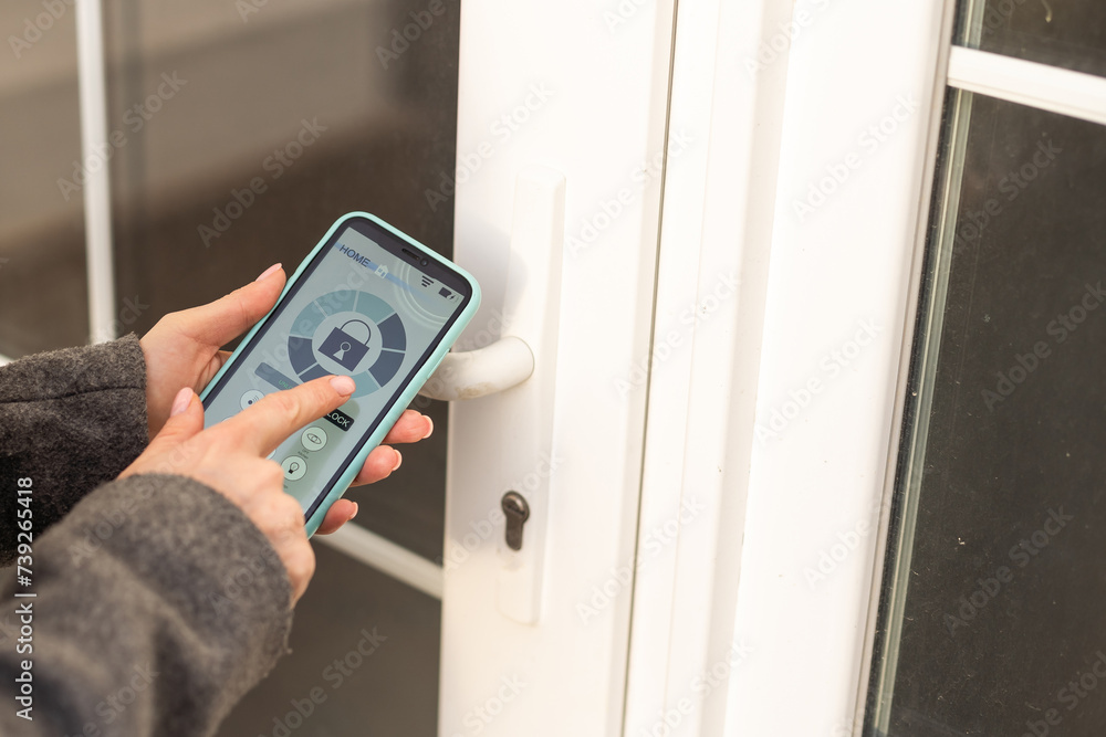 Poster smiling woman setting home security system with help of mobile application.