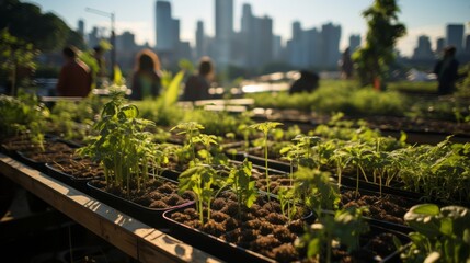 An urban rooftop garden with city dwellers tending to rows of lush green vegetables and herbs, skyscrapers towering in the background, the scene illustrating th - obrazy, fototapety, plakaty