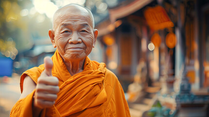 Old Tibetan monk showing thumbs up against blurred orange background with free space