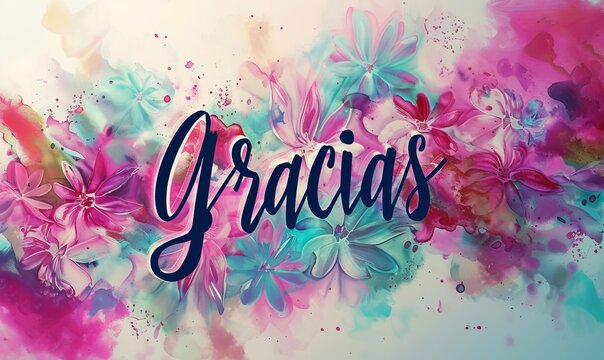 Gracias - Thank you in Spanish language. Modern calligraphy lettering text on multicolored watercolor paint splash background.