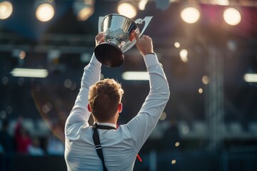 Man in business attire, triumphantly lifting a champion's cup at a sports event