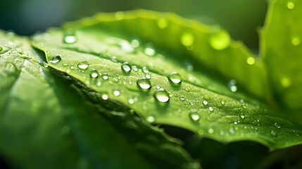 Raindrops on green leaves in nature close-up