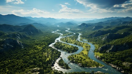 Dense tropical rainforest from above, canopy of trees, rivers meandering, showcasing the natural beauty and biodiversity of tropical landscapes, Photorealistic,