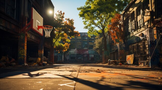 Empty basketball court in an urban park, surrounded by city buildings, vibrant graffiti on the ground, a blend of sport and city life, Photography, wide-angle l