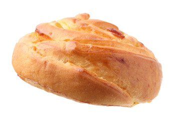 One delicious roll with raisins isolated on white. Sweet bun