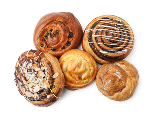 Fototapeta premium Different delicious rolls isolated on white, top view. Sweet buns