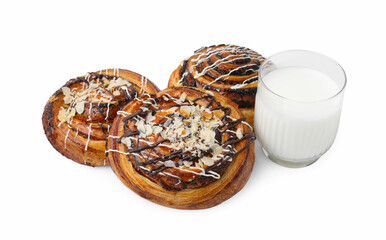 Different delicious rolls and milk in glass isolated on white. Sweet buns