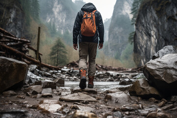 A man walking on a path in the autumn forest. Hiking in the mountains.
