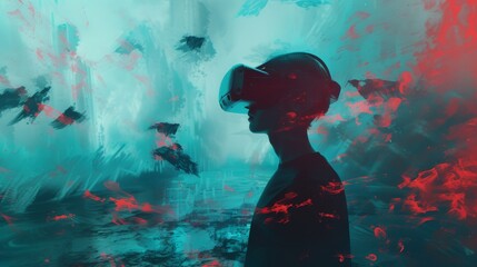 Create an innovative 2D conceptual artwork depicting the afterlife in a virtual reality setting, incorporating ethereal and digital elements for a truly unique vision
