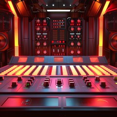 Design a unique and compelling backdrop where a technologically advanced audio control panel serves as the focal point for an illustration or 3D animation project