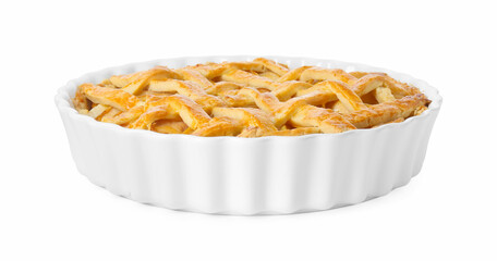 Tasty homemade quince pie isolated on white