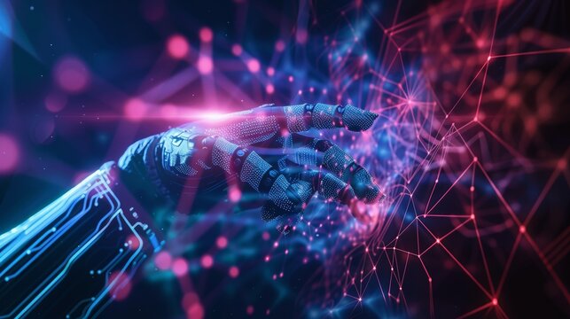 AI hand manipulating digital data streams, futuristic tech background with brain-like patterns