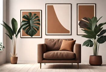Minimalist composition of living room with brown mock up picture frame, plant, retro armchair, dried tropical leaf, decoration and elegant personal accessories in stylish home decor. Template. 3d rend