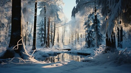 Frost-covered forest in winter, snow-laden trees and soft morning light, creating a tranquil and pristine winter wonderland, Photorealistic, winter forest photo