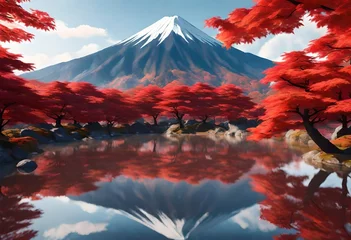 Foto op Canvas an image with a mountain and red autumn trees of japan 3d render © Muhammad Faizan