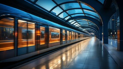 Empty subway station with a train passing through, modern architecture, conveying the speed and connectivity of city transport, Photorealistic, urban transporta