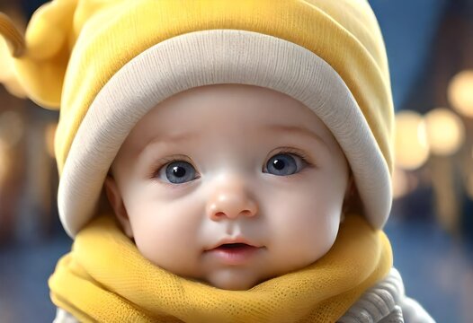 Cute little baby in yellow hat and scarf on blurred background, closeup 3d render