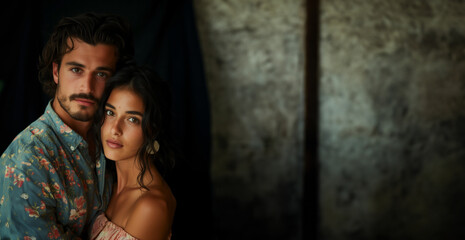 Elegant young couple in a close embrace, with space for text on a moody, dark textured background, depicting romantic love or Valentine's concept