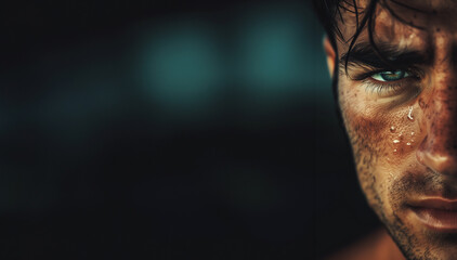 Intense close-up of a man's face with striking blue eyes and sweat beads, conveying concepts of determination and effort, with copyspace for text on the dark, moody background
