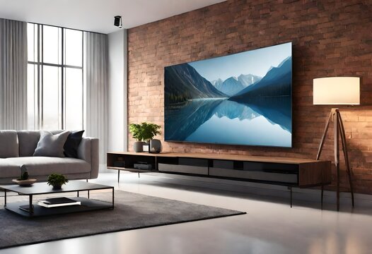 A contemporary living room featuring a sleek wall-mounted TV. Perfect for interior design inspiration or showcasing home entertainment setups  3d render