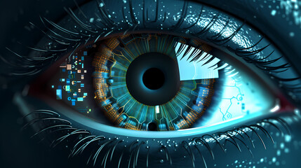Close-up of human eye with futuristic digital overlay, technology concept