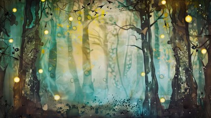 Enchanted Woodland Scene with Fairy Lights and Watercolor Trees.