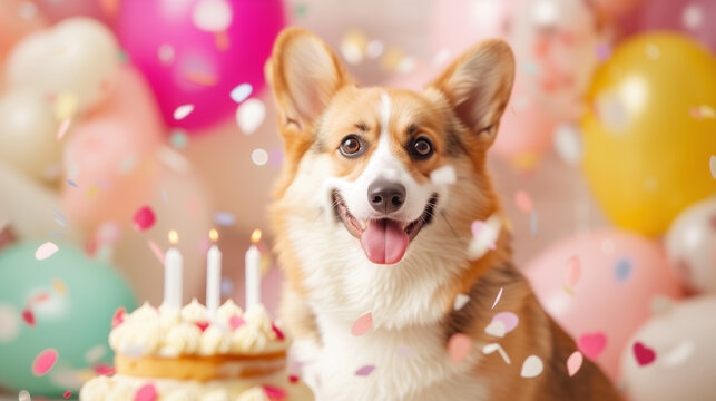 Cute corgy dog with birthday cake