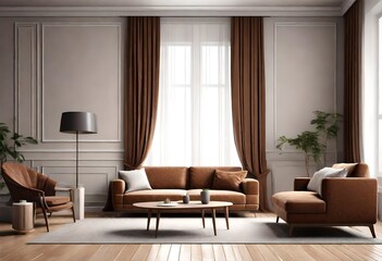 Interior design of modern living room with stylish sofa, armchair and furnitures, beautiful decorations, brown accessories. Home decor. Template. Generative AI