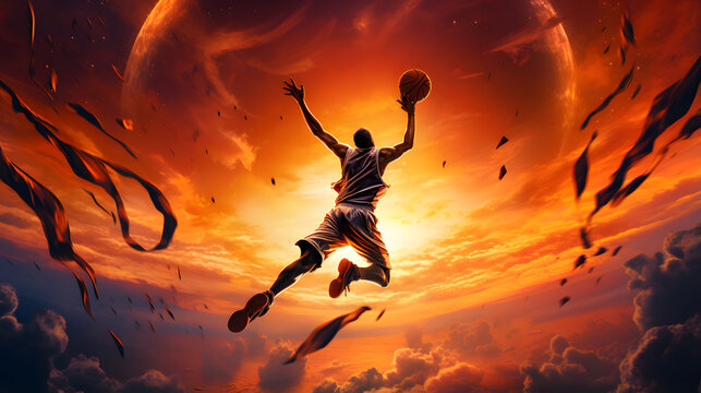 Basketball Player in Mid-Air for a Dunk, Backlit by the Glow of the Evening Sky