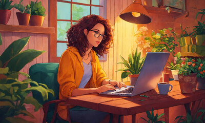 Drawing, cartoon style, focused woman in glasses working on her laptop while sipping coffee