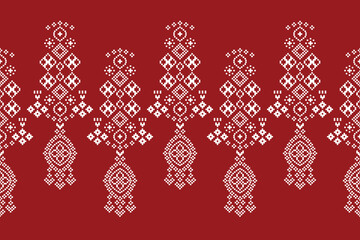 Traditional ethnic motifs ikat geometric fabric pattern cross stitch.Ikat embroidery Ethnic oriental Pixel red background. Abstract,vector,illustration. Texture,christmas,decoration,wallpaper.