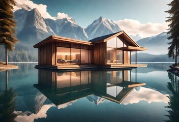 Mirror Lake Reflecting Wooden House in Middle of Lake Overlooking Mountain Ranges. Generative AI
